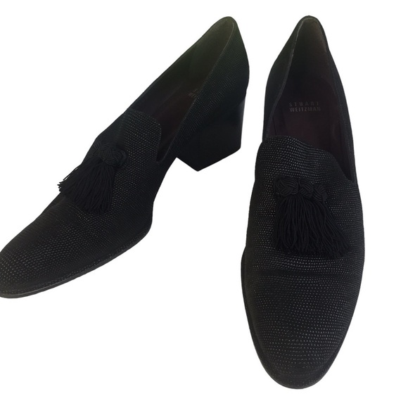 Stuart Weitzman textured tassel heel loafer size 10 Narrow 2.4” heel black - Picture 1 of 9